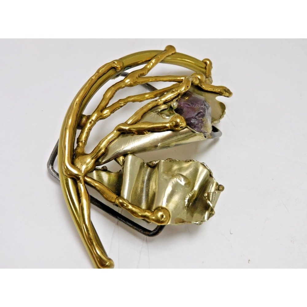VTG Copa Collection Brazil Brutalist Brass Amethyst Crystal Belt Buckle JC494